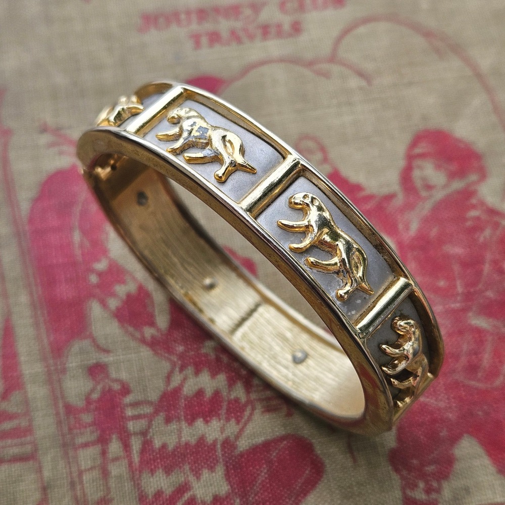 Vintage 80s Gold Silver Tone Panther Hinged Bangle Bracelet Big Cat Statement